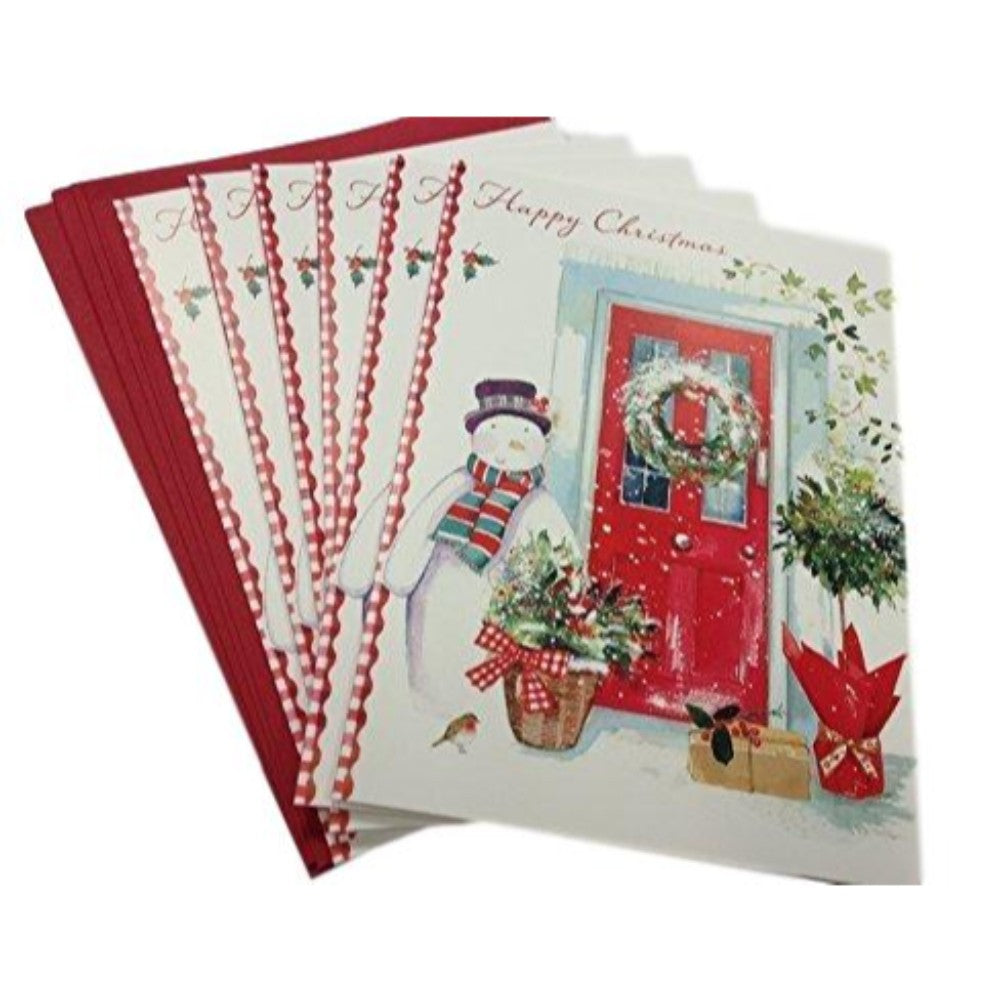 Pack of 6 'Snowman At Red Door' Design Christmas Greeting Cards