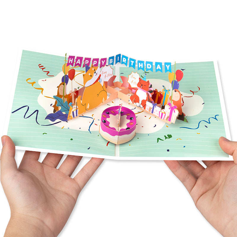 Puppy & Kitty 3D Animal Flag Pop Up Birthday Card