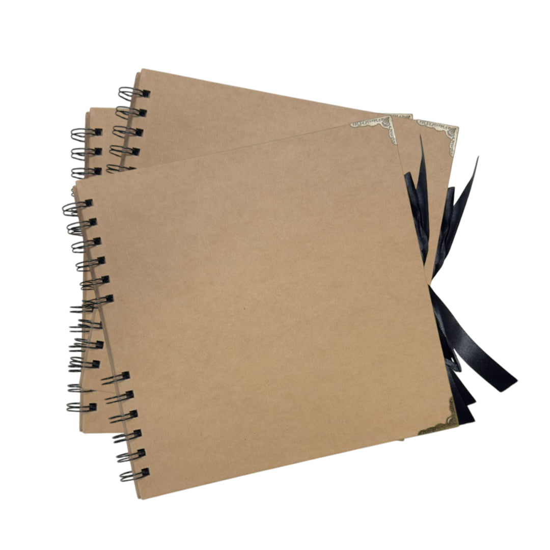 Pack of 2 Spiral Bound 180gsm Kraft Scrapbooks with Ribbon Closure and Metal Corners - 30 Sheets 20x20cm