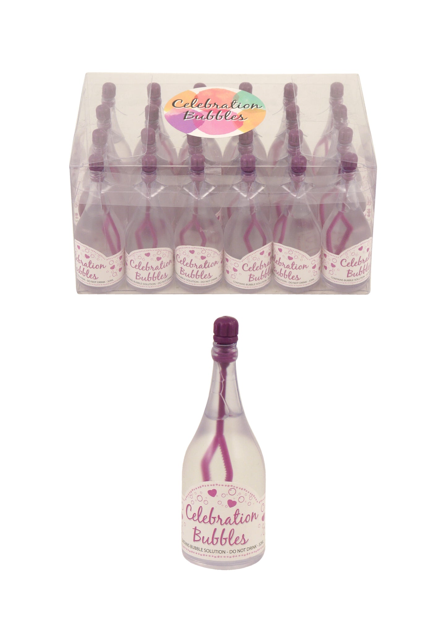 Pack of 24 Clear Bubble Tubes 9cm with Purple Wand (32ml)