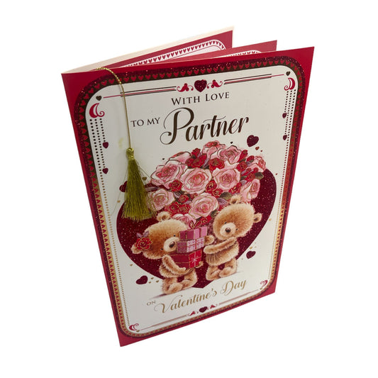 To Partner Teddies With Gifts & Bouquet Glitter Finished Valentine's Day Card