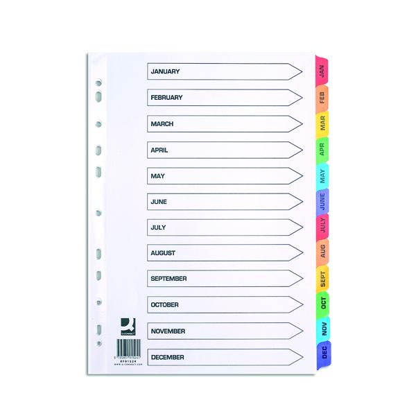 A4 Pre-Printed Tabs Multi Punched January to December Reinforced Multi-Colour Index