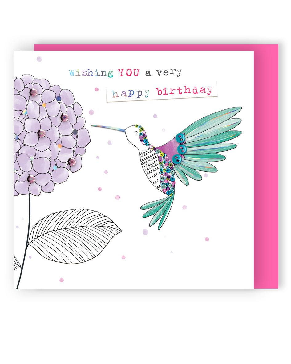 Humming Bird Hand-Finished Buttons Embellished Birthday Card