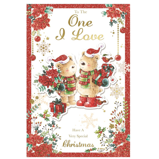 To The One I Love Cute Teddies With Flowers and Gifts Design Christmas Card