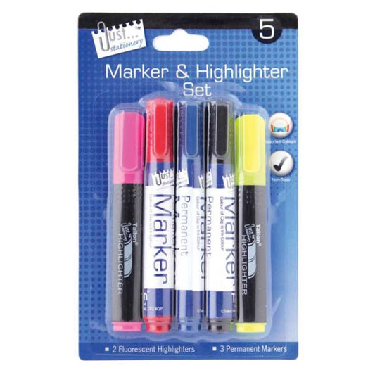 Just Stationery Marker and Highlighter Set (Pack of 5)