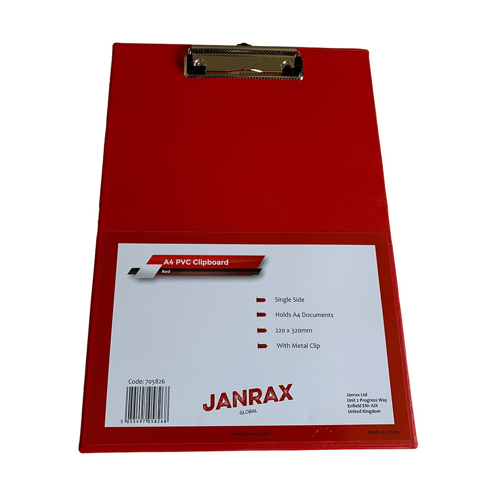 Pack of 12 Janrax A4 Red PVC Single Clipboards