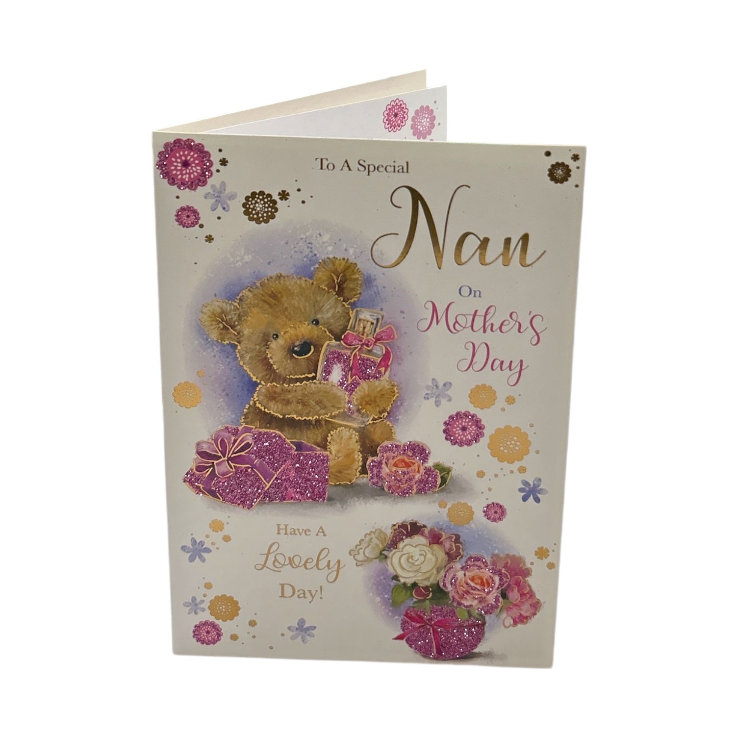 To A Special Nan Cute Teddy With Perfume Bottle Design Mother's Day Card