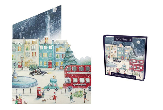 Pack of 12 Luxury City Scene Die Cut Design Christmas Cards