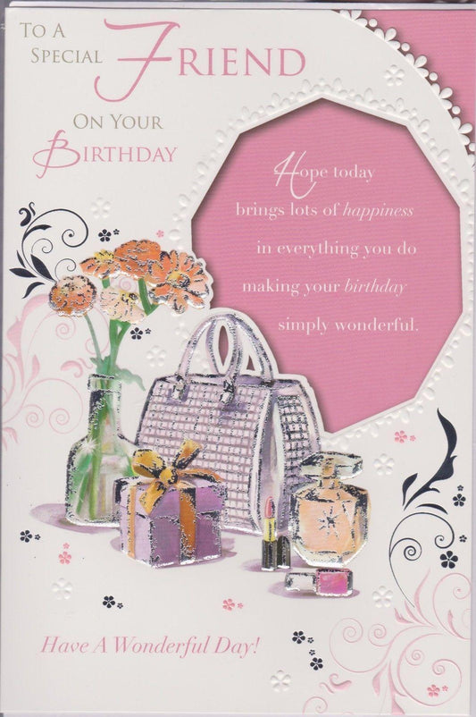 For Friend Flowers And Perfume Design Birthday Card