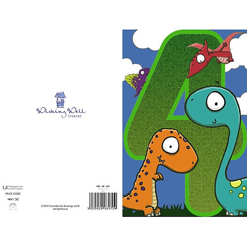 Age 4 Boys Blue Dinosaur 4th Birthday Card