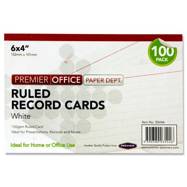 Pack of 100 6"x4" Ruled White Record Cards by Premier Office