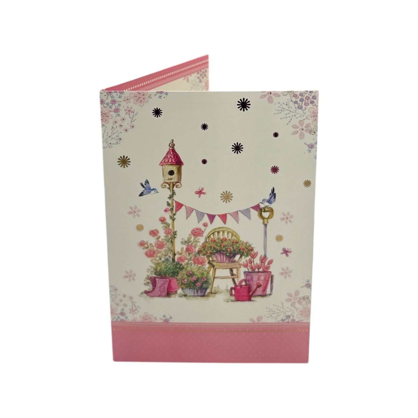 Open Blank Female Birds with Bunting and Basket Of Flowers Design Card