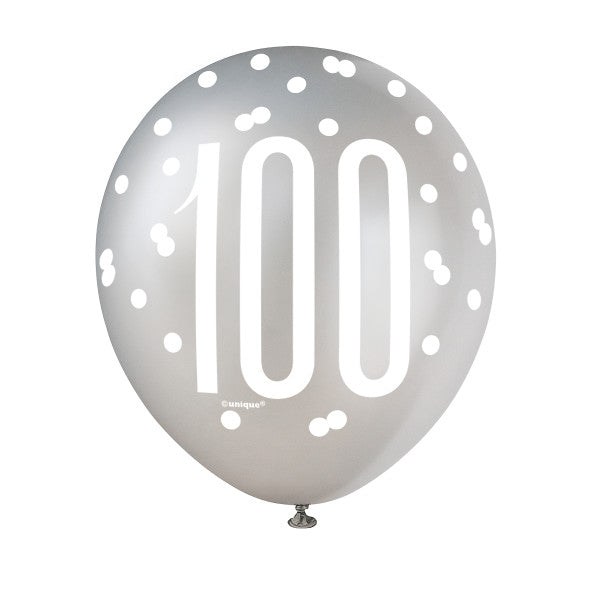 Pack of 6 Birthday Black Glitz Number 100 12" Latex Balloons