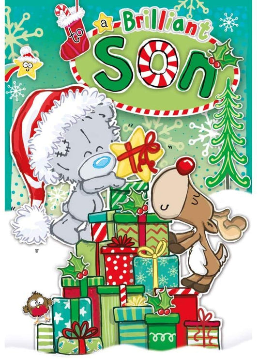 To a Brilliant Son Tatty Teddy With Stack of Gifts Design Christmas Card