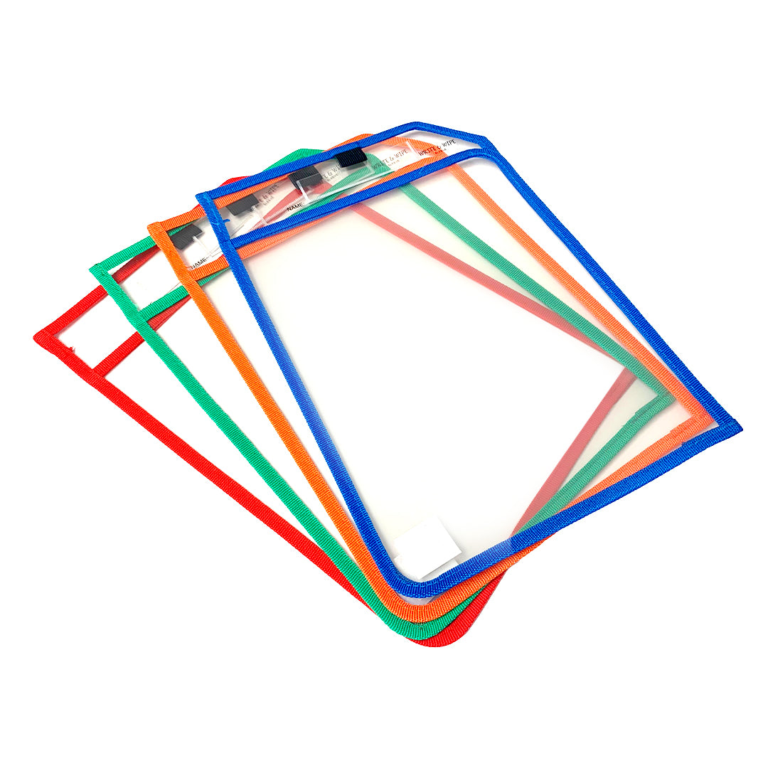 Pack of 12 Assorted Coloured Edge Clear Dry Erase Write and Wipe Reusable Sleeve Pockets