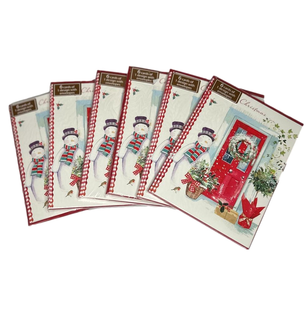 Pack of 6 'Snowman At Red Door' Design Christmas Greeting Cards