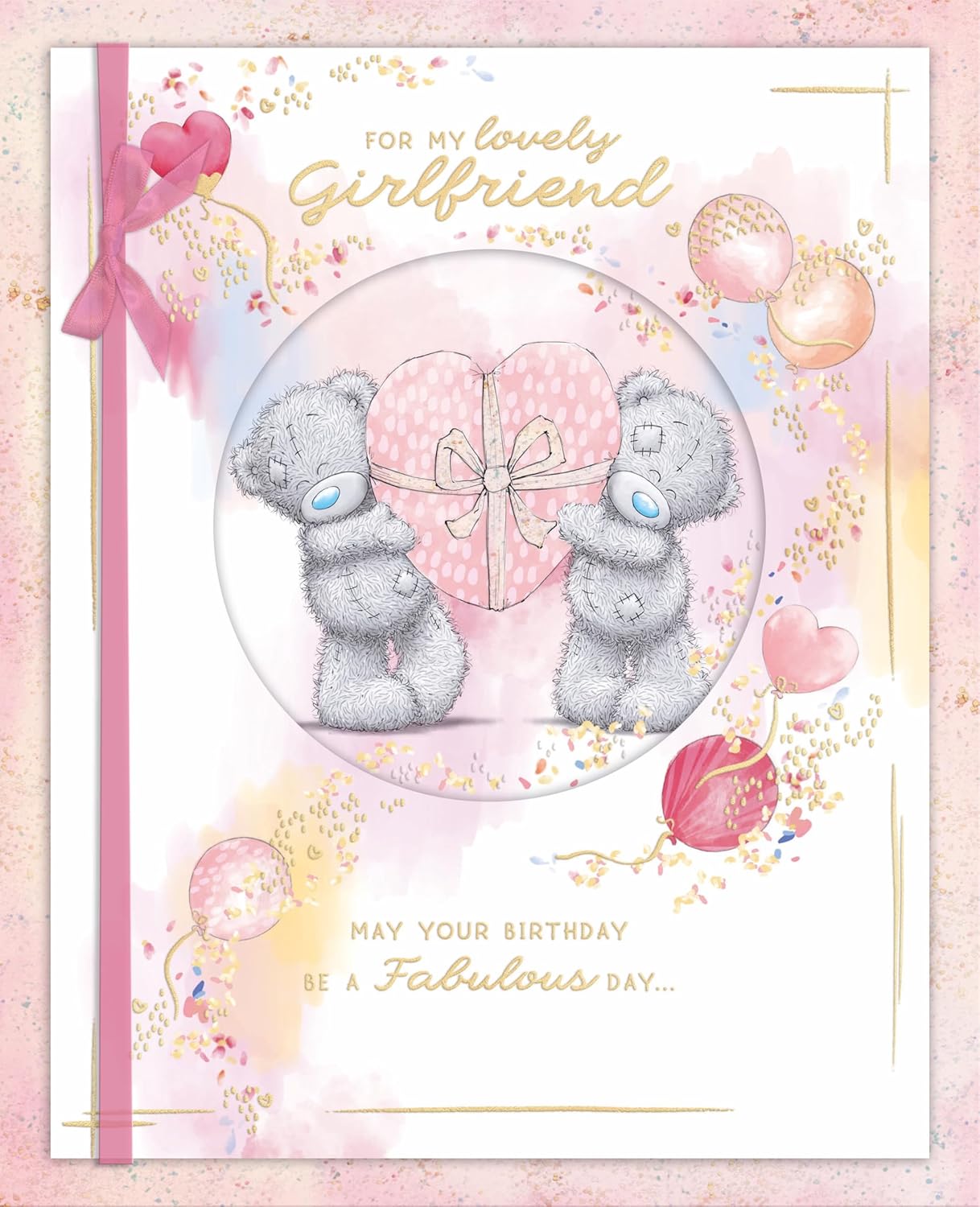 Bears Hold A Pink Wrapped Heart Boxed Handmade Girlfriend Birthday Card