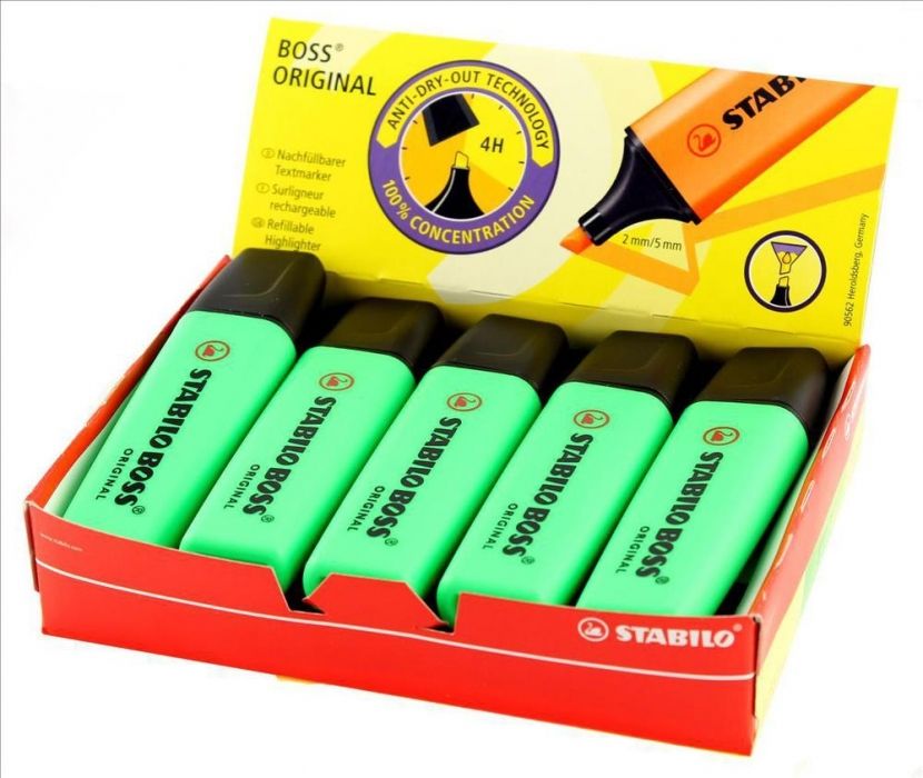 Pack of 10 Green Stabilo Boss Highlighters Chisel Tip 2-5mm Line