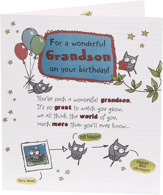 Cute Design with Owl Illustration and Sentimental Verse Grandson Birthday Card