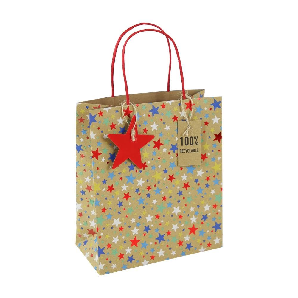 Pack of 6 Kraft Multi Stars Medium Christmas Gift Bags