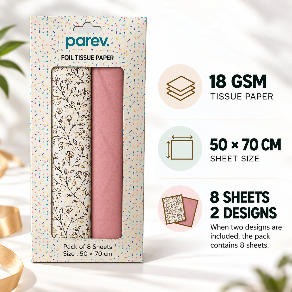 Pack of 8 Garden Breeze Luxury Foil Design & Plain Pink 50 x 70 cm Tissue Sheets - Birthday Summer Everyday Celebrations