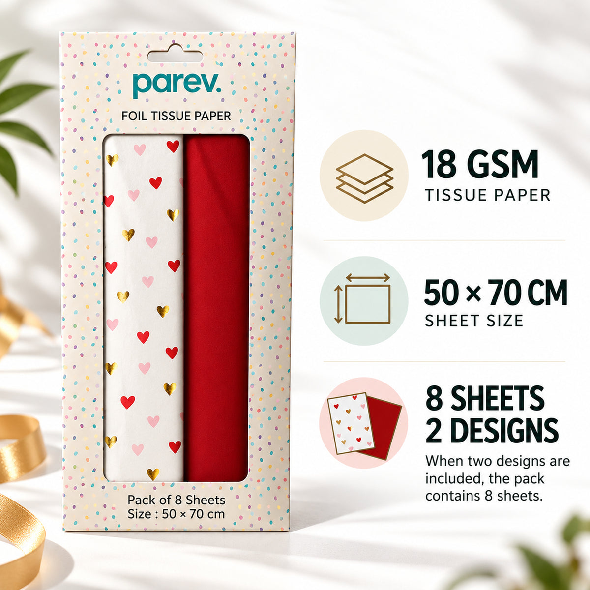Pack of 8 Valentine Elegance Hearts Luxury Red Foil Design & Plain Red 50 x 70 cm Tissue Sheets - Christmas Valentine's Wedding Birthday