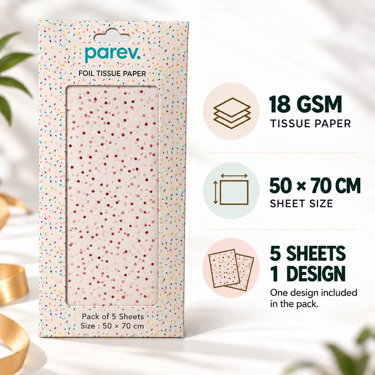 Pack of 5 Confetti Dots Design 50 x 70 cm Luxury Red Foil Tissue Sheets - Christmas, Birthday, Valentine
