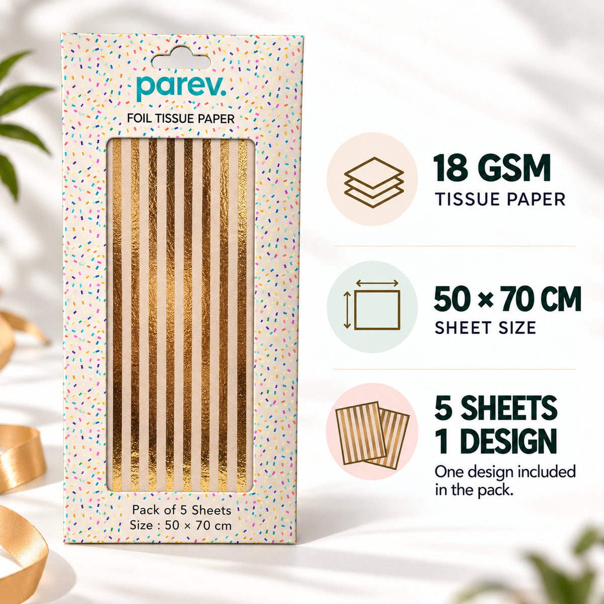 Pack of 5 Abstract Stripes Design 50 x 70 cm Luxury Gold Foil Tissue Sheets - Wedding, Christmas, Celebration