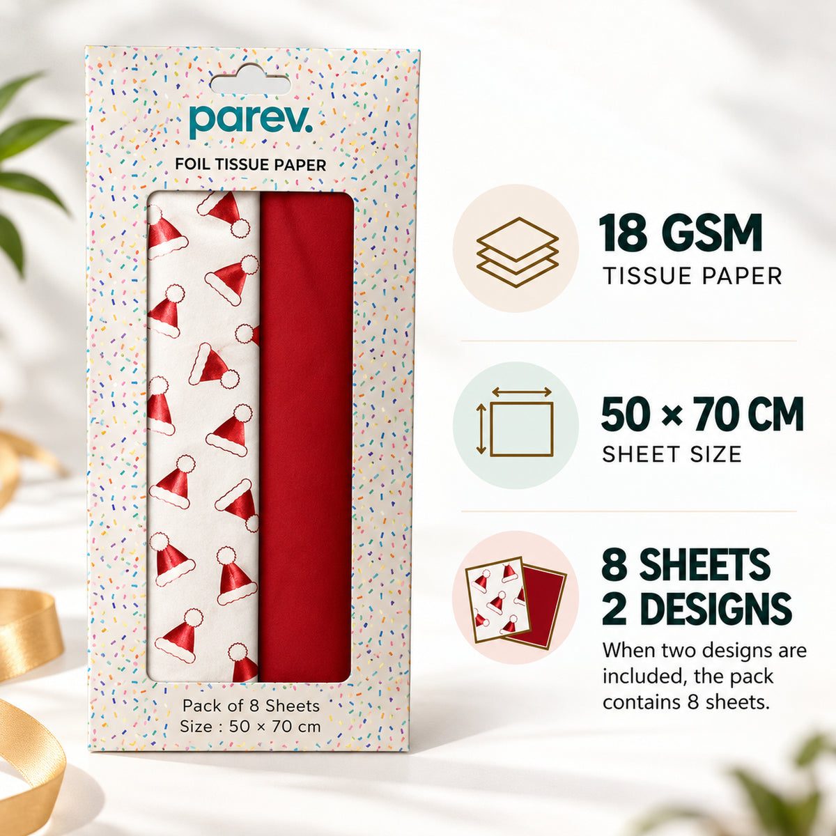Pack of 8 Christmas Santa Hat Toss Luxury Foil Design & Plain Red 50 x 70 cm Tissue Sheets