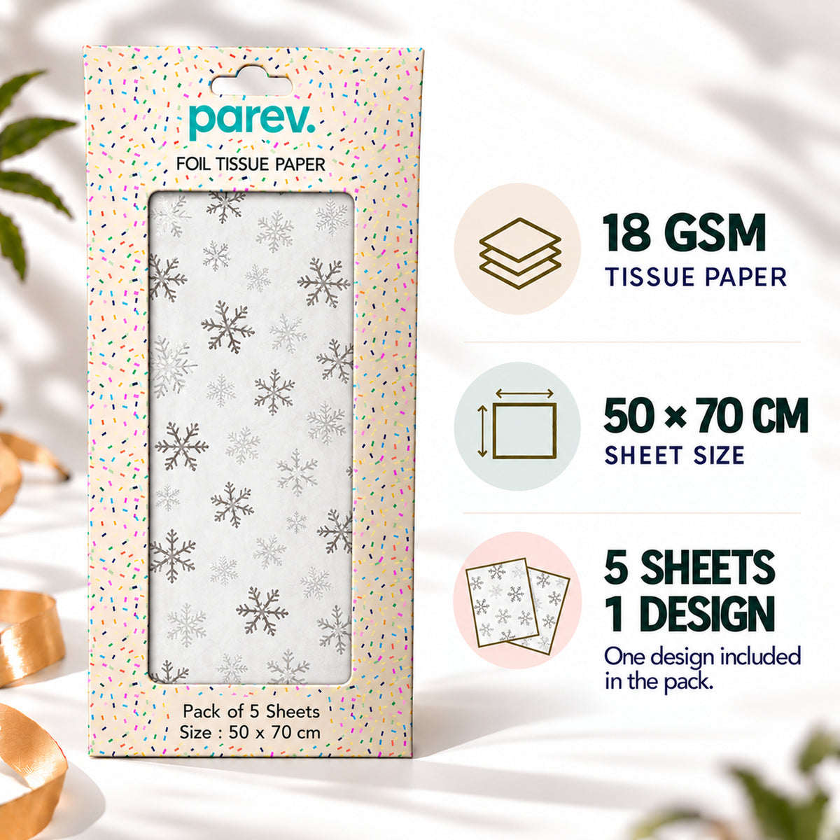 Pack of 5 Christmas Snowflakes Dots Design 50 x 70 cm Luxury Silver Foil Tissue Sheets
