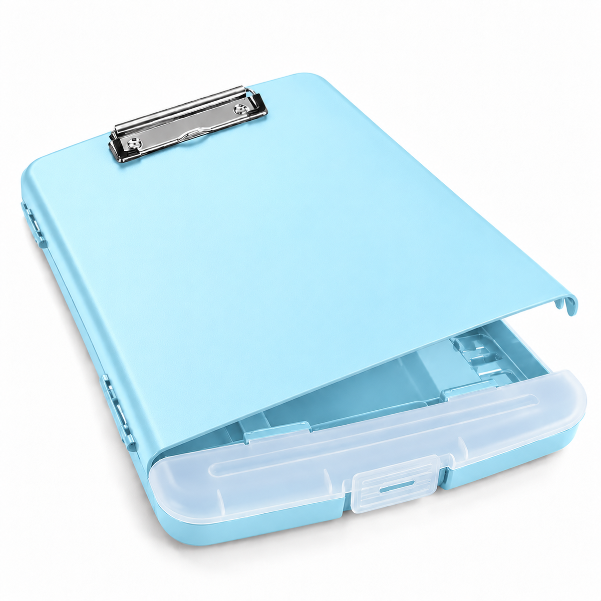 Pack of 12 A4 Light Blue Plastic Clipboard Box Files With Pencil Holder - Storage Filing Case