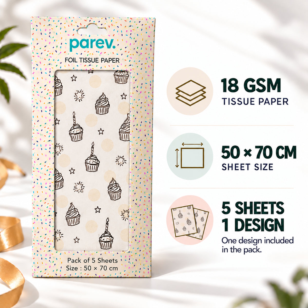 Pack of 5 Sweet Celebration Design 50 x 70 cm Luxury Silver Foil Tissue Sheets - Birthday, Cake
