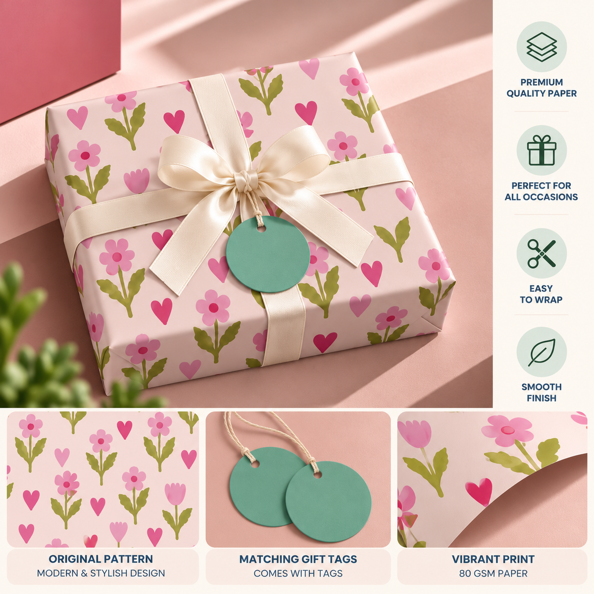 Pack of 2 Little Wildflower Design 50 x 70 cm Gift Wrap Sheets with 2 Tags - Valentine’s Mother's Day Birthdays Everyday Celebrations