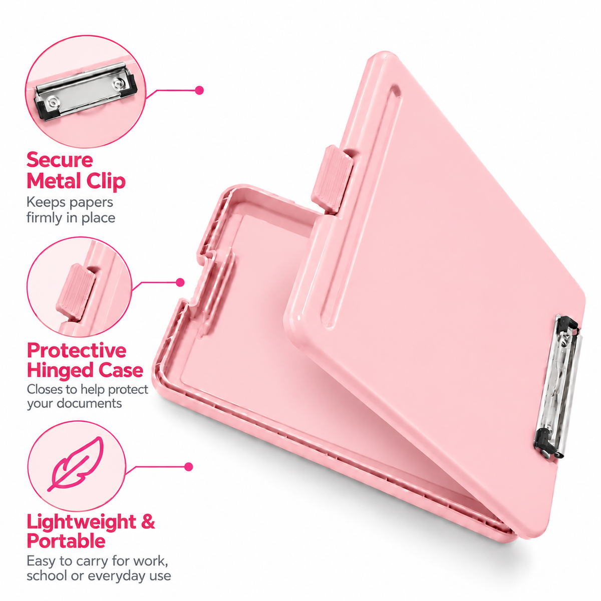 Pack of 5 A4 Pastel Pink Plastic Clipboard Box File - Storage Filing Case
