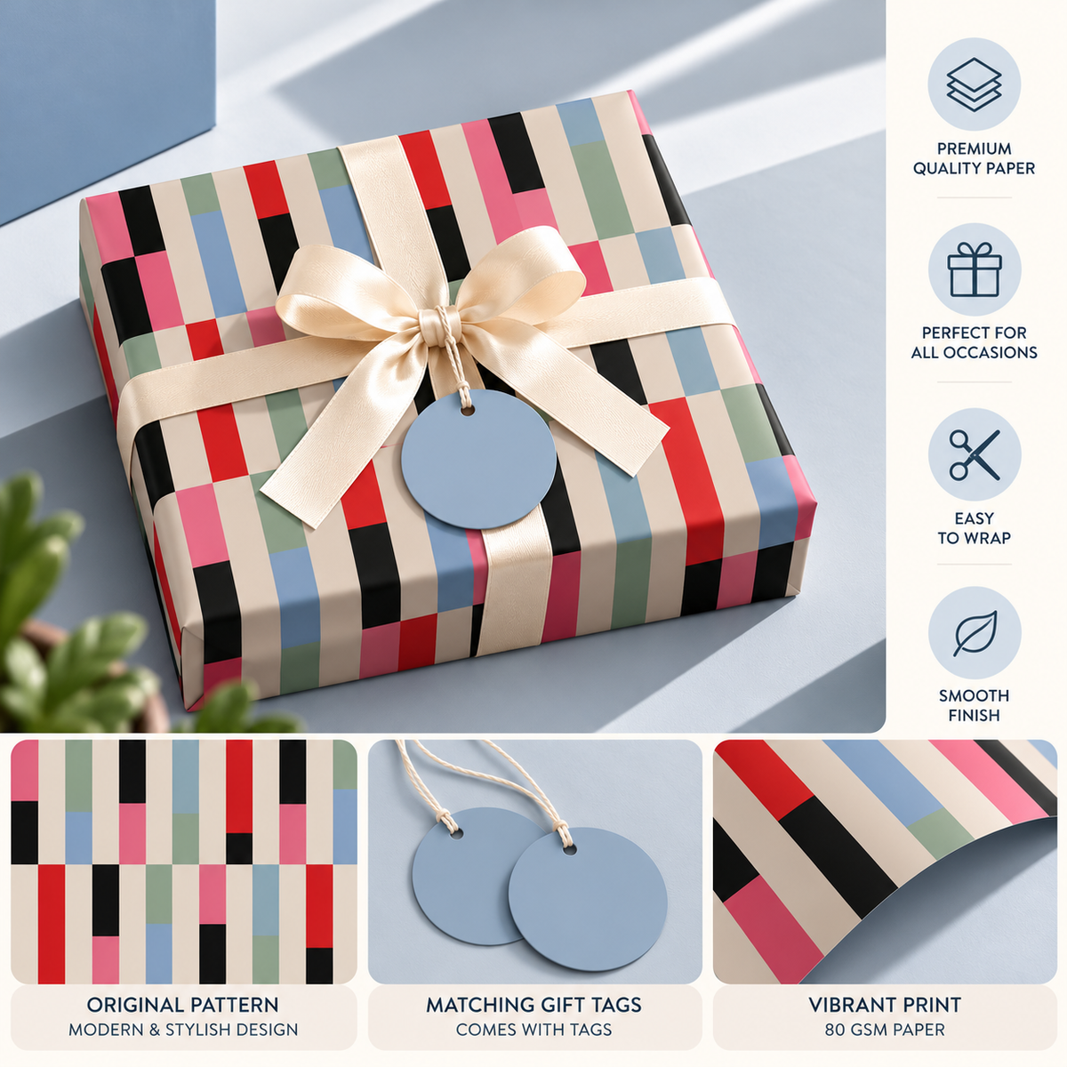 Pack of 2 Confetti Collumns Design 50 x 70 cm Gift Wrap Sheets with 2 Tags - Christmas Birthdays Kids Party Holiday Gifting
