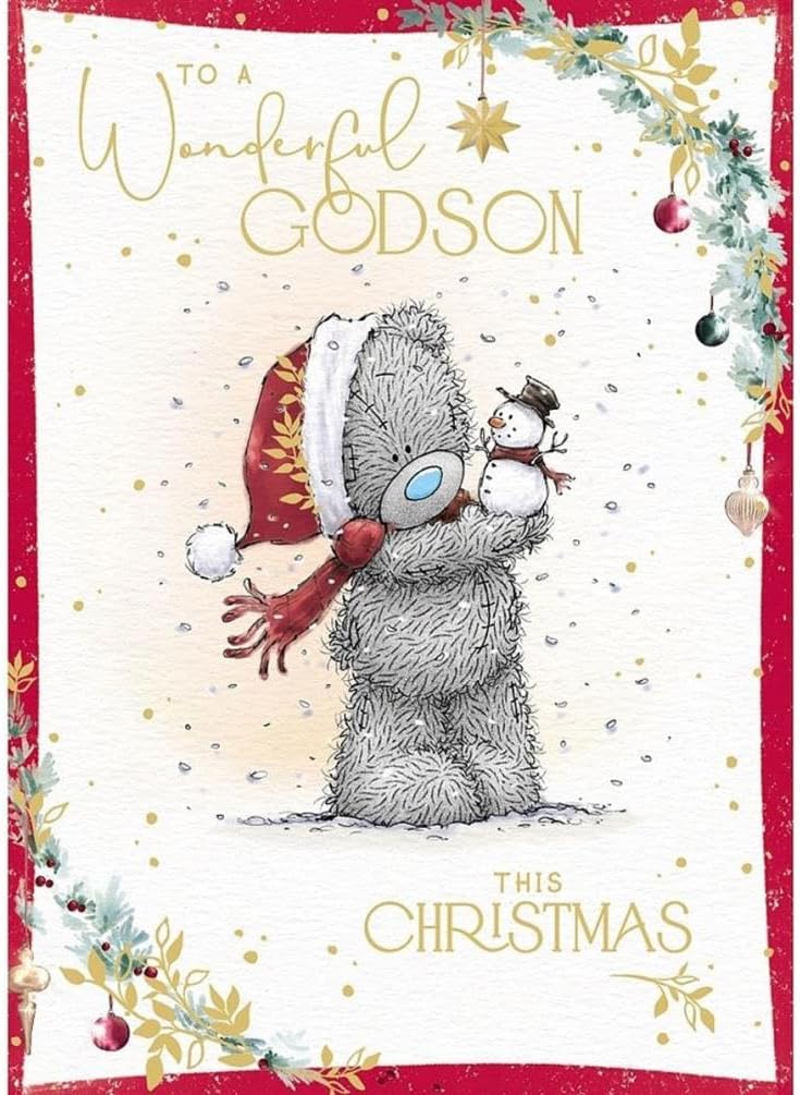 Bear Holding Little Snowman Wonderful Godson Christmas Card
