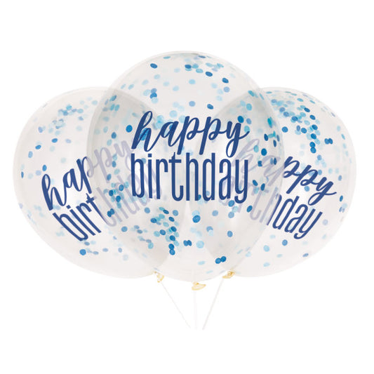 Pack of 6 12" Clear Printed Glitz "Happy Birthday" Balloons with Confetti, Blue & Silver