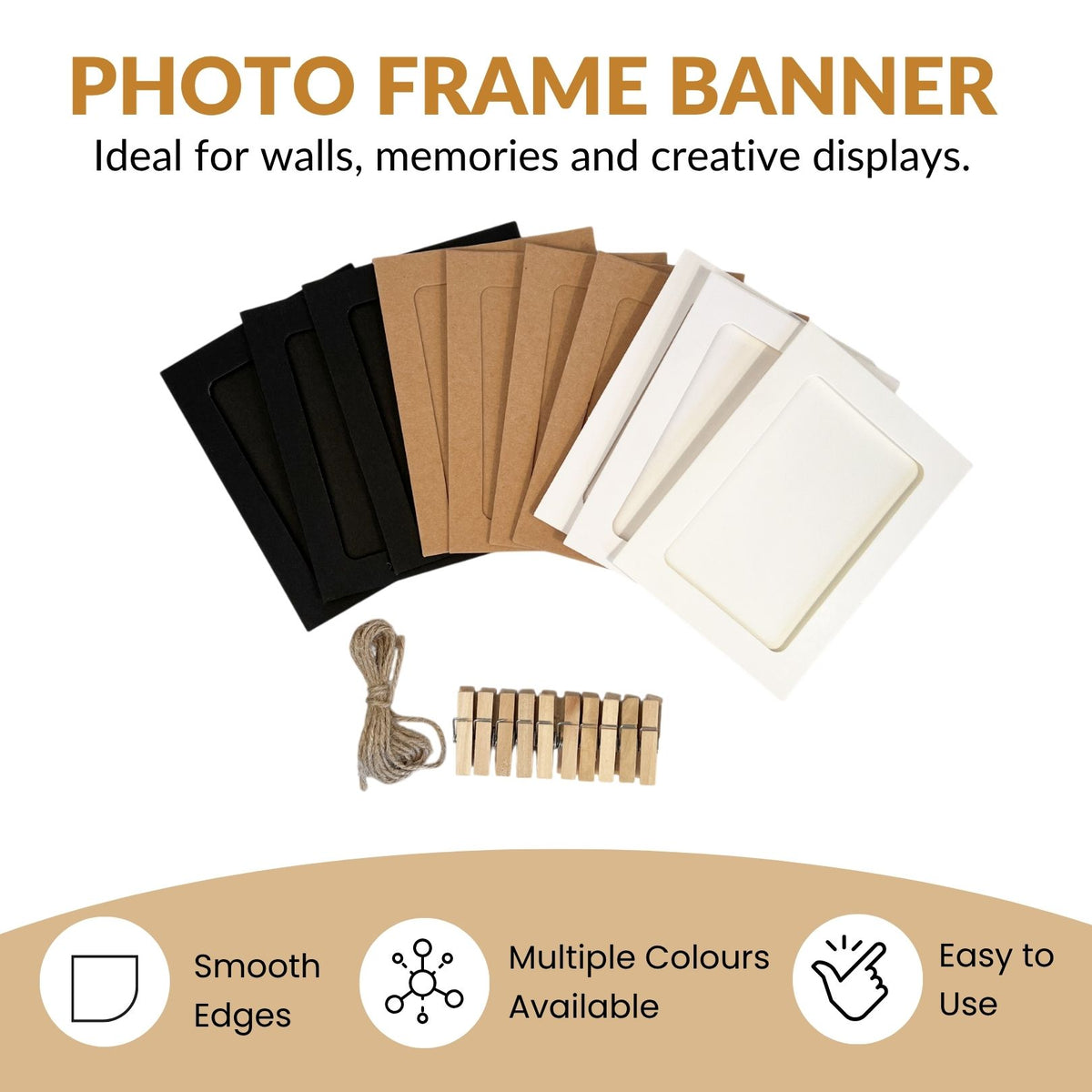 Black Photo Frame Banner Set with Wooden Pegs and Hemp Twine