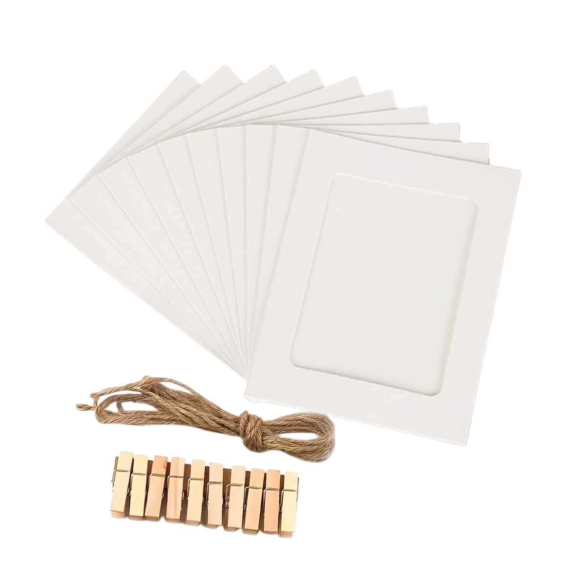 6 x White Photo Frame Banner Set with Wooden Pegs and Hemp Twine