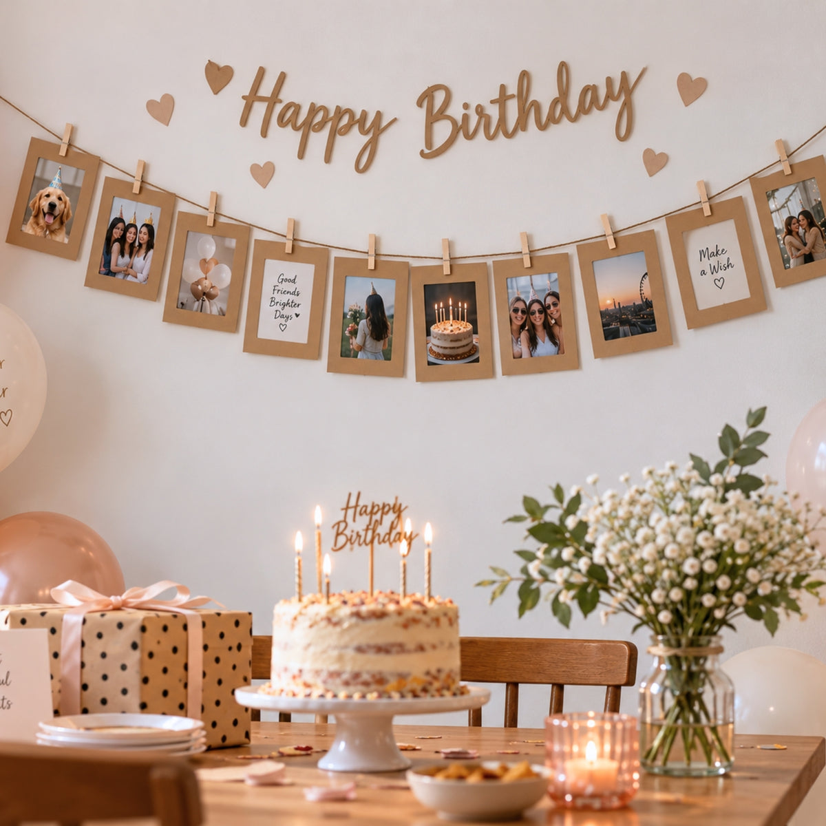 Black Photo Frame Banner Set with Wooden Pegs and Hemp Twine