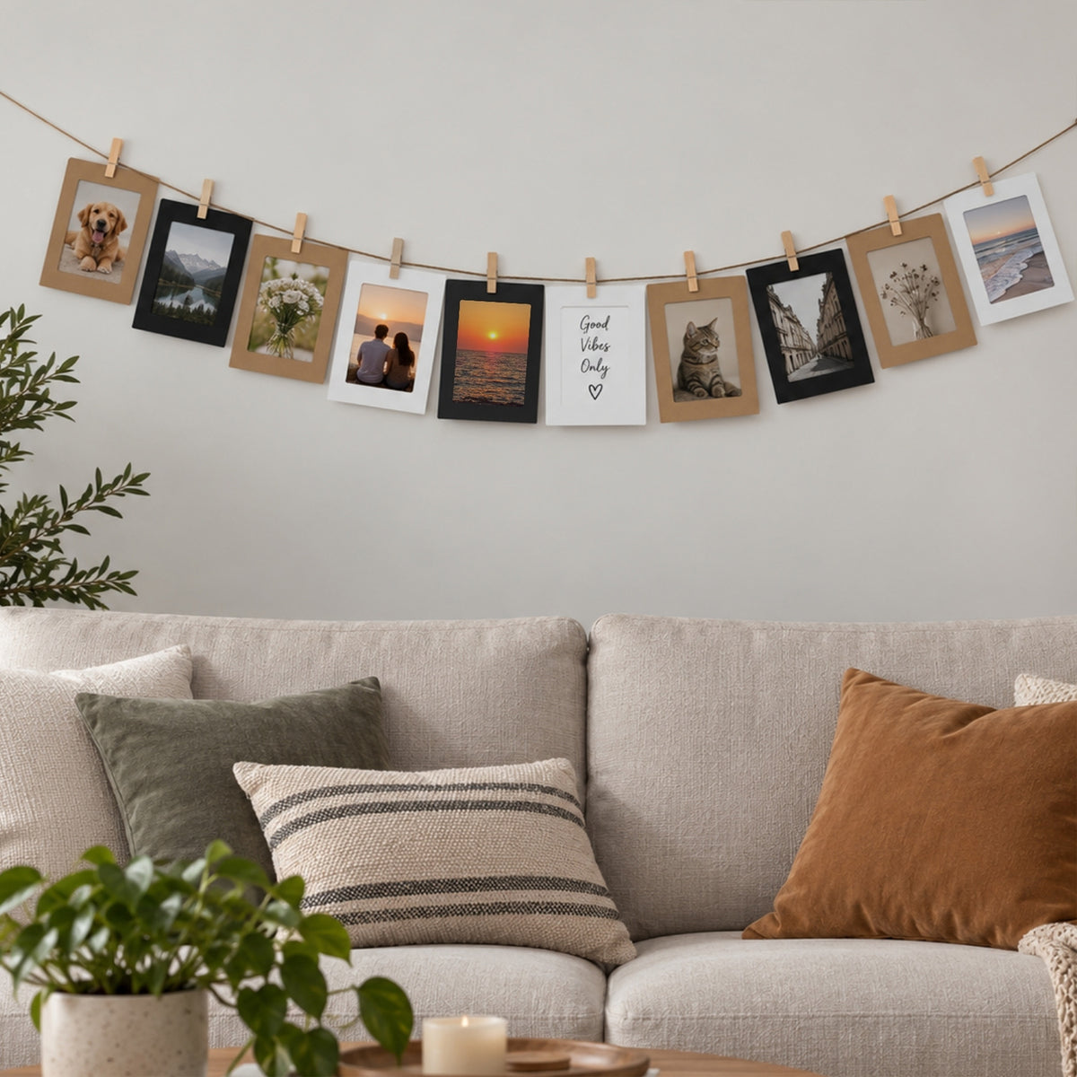 6 x Black Photo Frame Banner Set with Wooden Pegs and Hemp Twine