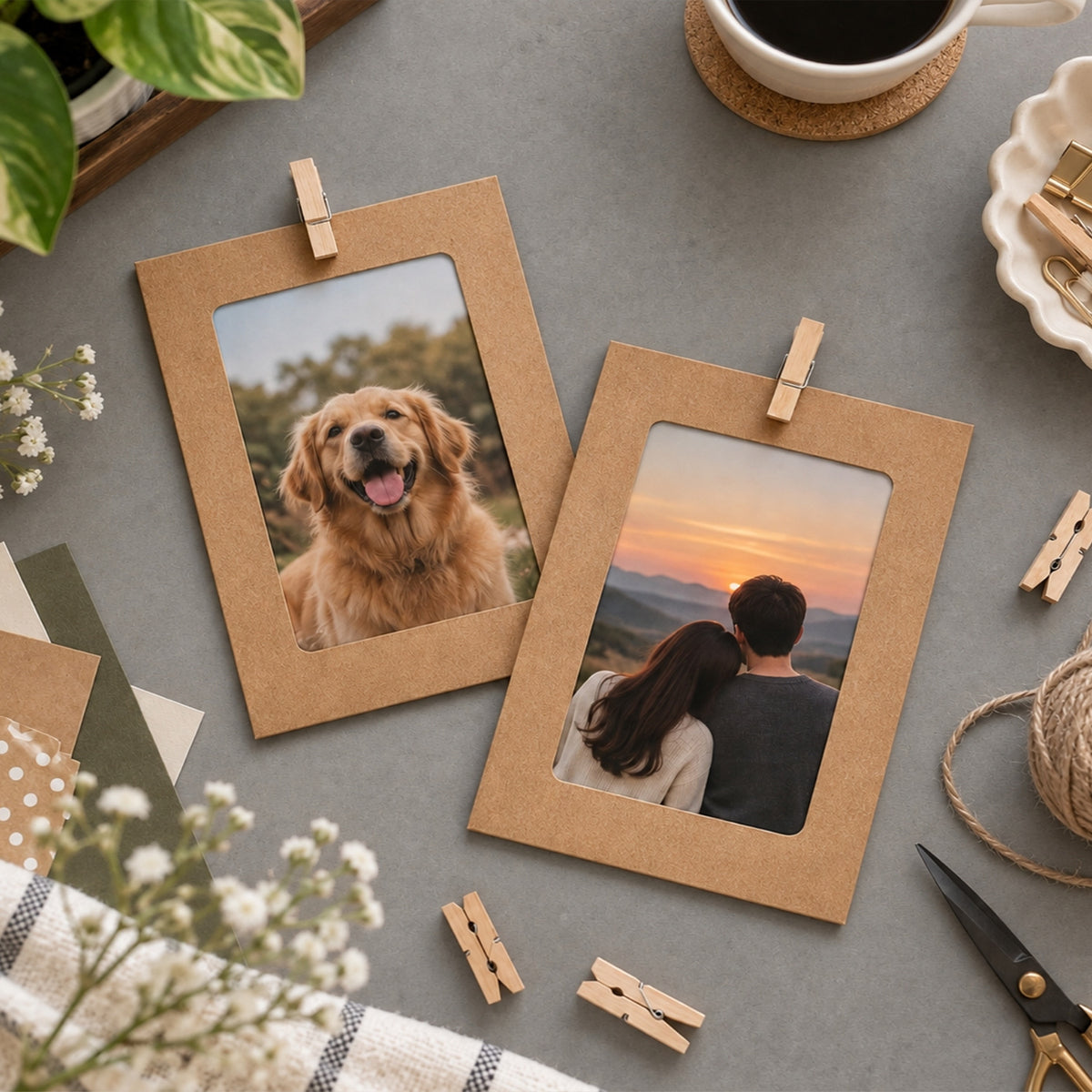 Kraft & White Photo Frame Banner Set with Wooden Pegs and Hemp Twine