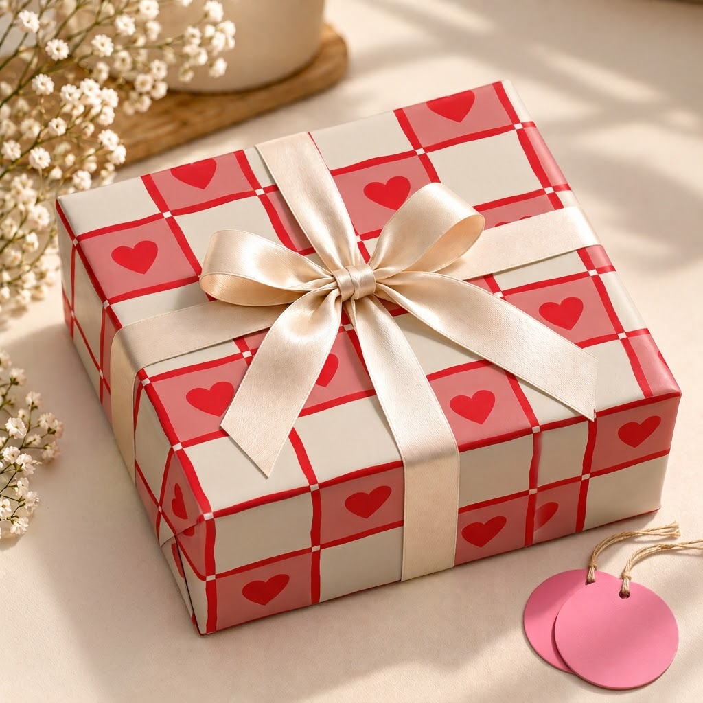 Pack of 2 Heart Squares Design 50 x 70 cm Gift Wrap Sheets with 2 Tags - Valentine’s Mother's Day Birthdays Everyday Celebrations