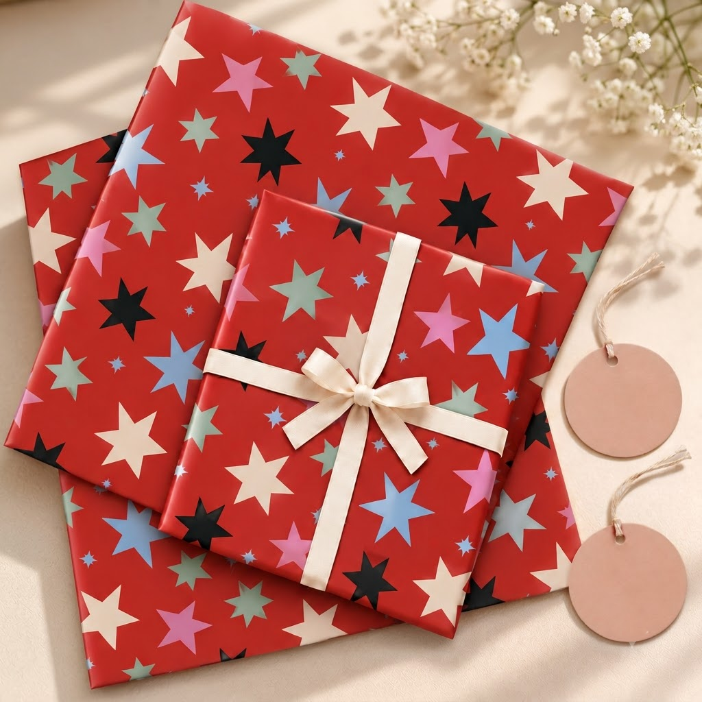 Pack of 2 Merry Starbust Christmas Design 50 x 70 cm Gift Wrap Sheets with 2 Tags
