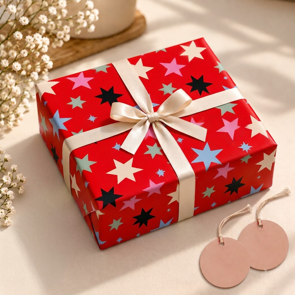 Pack of 2 Merry Starbust Christmas Design 50 x 70 cm Gift Wrap Sheets with 2 Tags