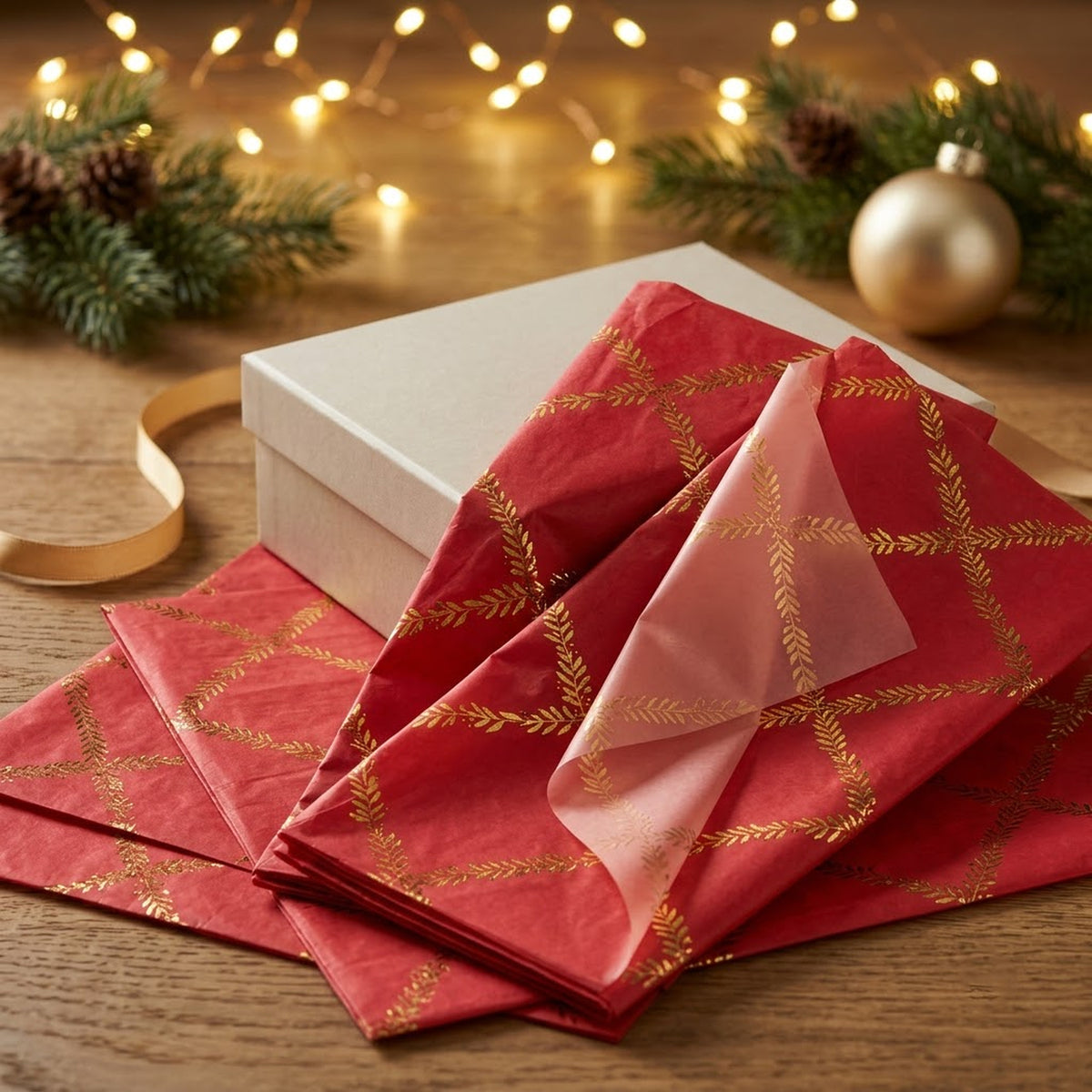 Pack of 5 Red Leaf Lattice Frame Design 50 x 70 cm Luxury Gold Foil Tissue Sheets - Christmas, Valentine