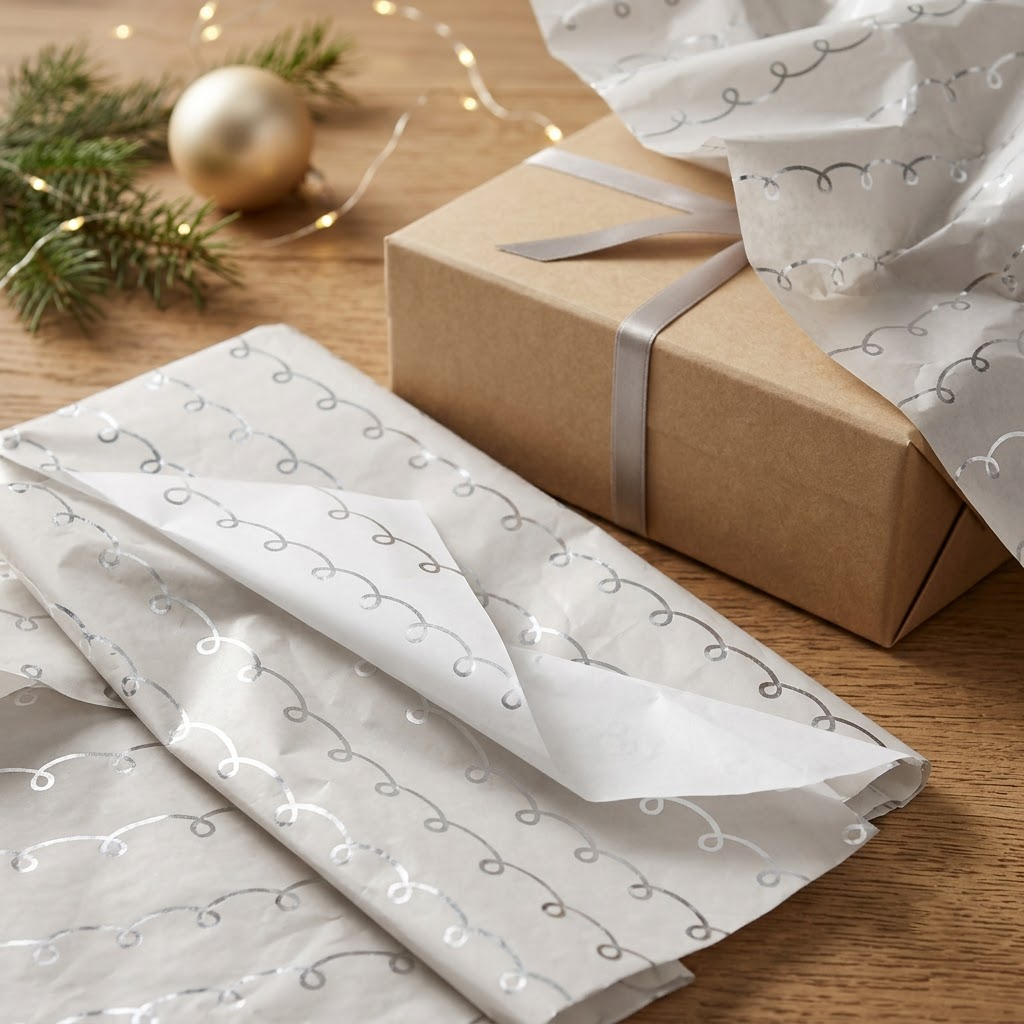 Pack of 5 White Swirl Band Design 50 x 70 cm Luxury Silver Foil Tissue Sheets - Wedding, Anniversary