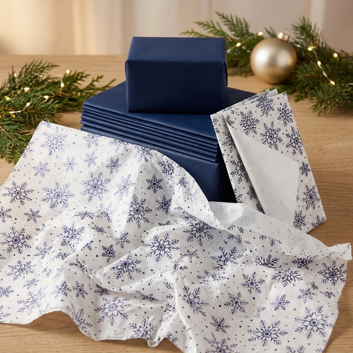 Pack of 8 Winter Foil Snowflakes & Plain Navy Blue 50 x 70 cm Tissue Sheets - Christmas Winter Celebrations