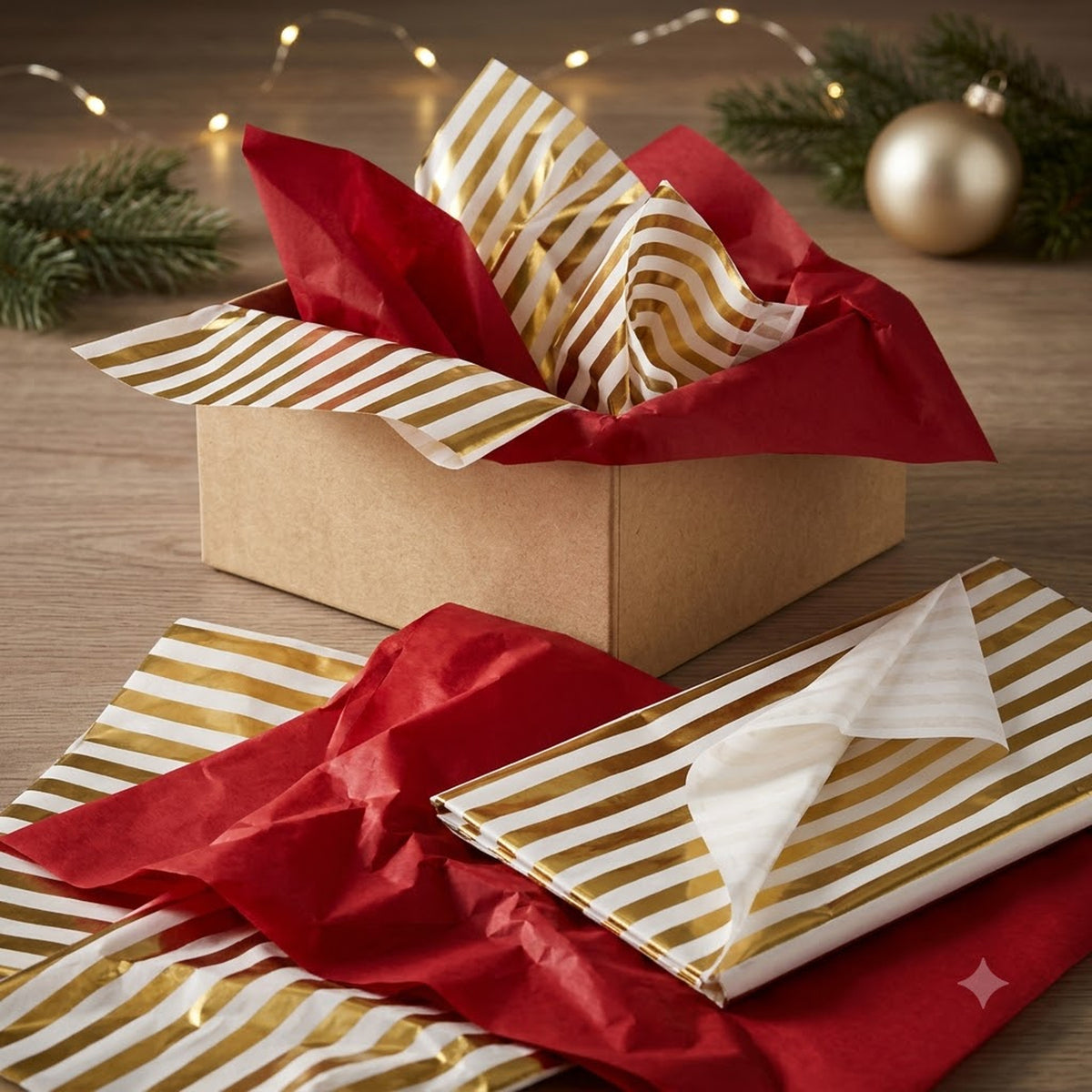 Pack of 8 Abstract Stripes Luxury Foil Design & Plain Red 50 x 70 cm Tissue Sheets - Christmas Wedding Valentine's Day