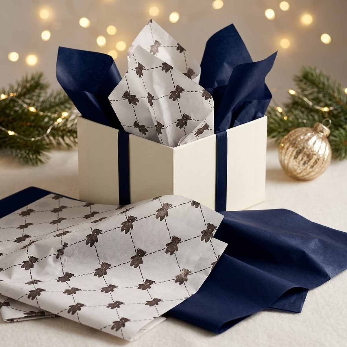 Pack of 8 Teddy Bear Luxury Gold Foil Design & Plain Navy Blue 50 x 70 cm Tissue Sheets - Birthday, Boys, Celebration